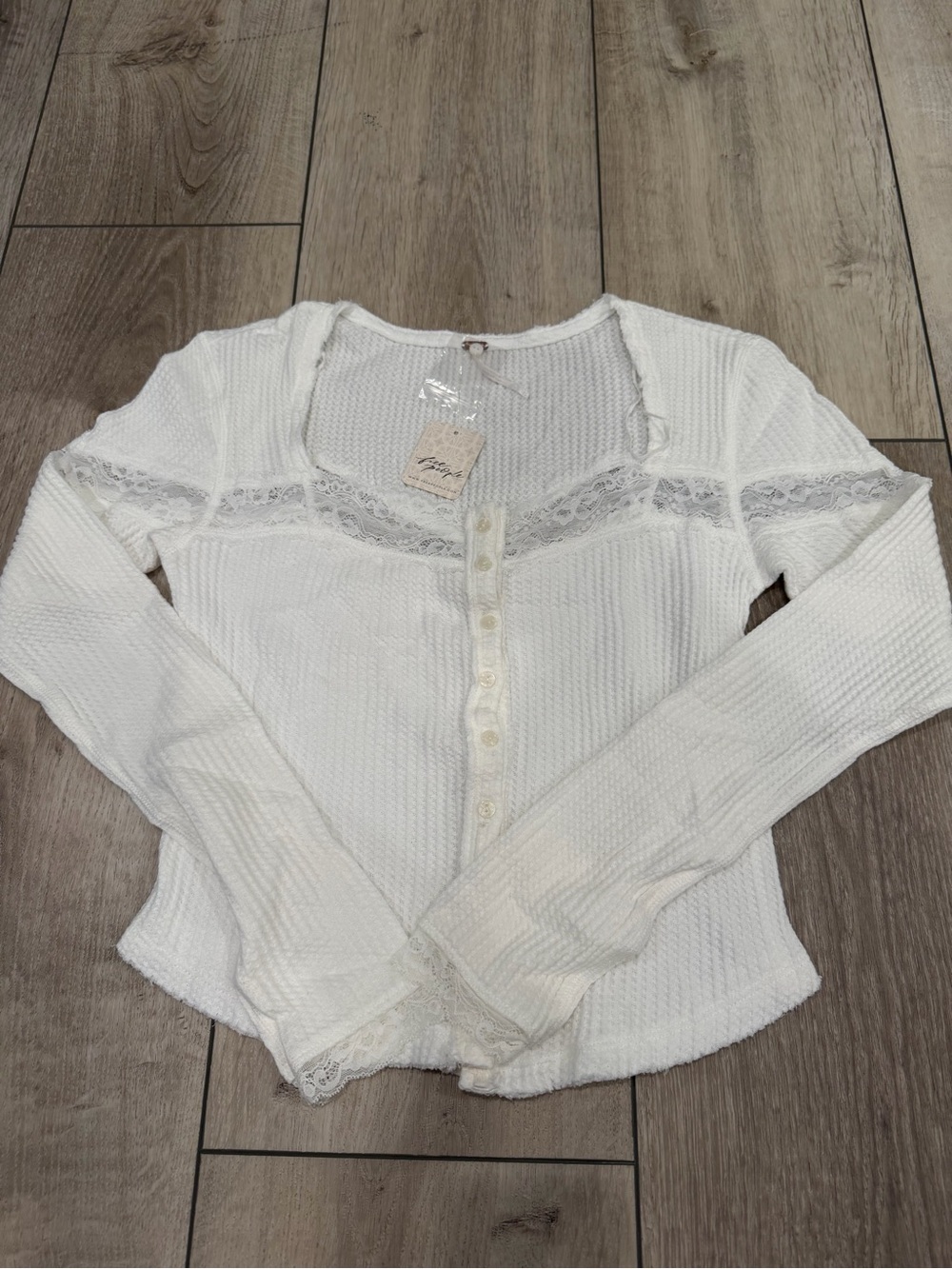 Free People White Lace-Trim Henley Long Sleeve Top